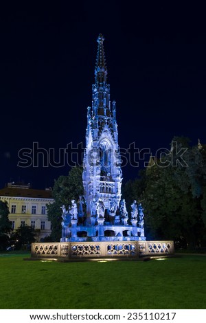 Monument in the form of a fountain in neo-Gothic style (built in 1850), dedicated to Francis I of the Two Sicilies in night illumination. Prague. Czech Republic.