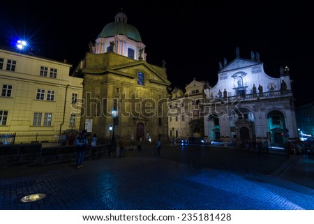 PRAGUE, CZECH REPUBLIC - SEPTEMBER 04, 2014: Saint Francis of Assisi Church and Christ Church of the Jesuit Order in the evening illumination.