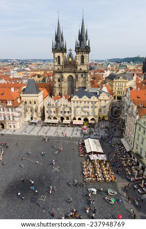 PRAGUE, CZECH REPUBLIC - SEPTEMBER 18, 2014: Old Town Square and the Church of Mother of God in front of Tyn. View from the tower of City Hall.