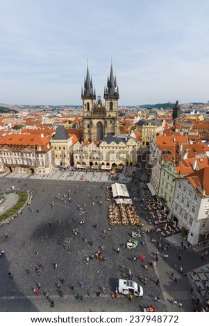 PRAGUE, CZECH REPUBLIC - SEPTEMBER 18, 2014: Old Town Square and the Church of Mother of God in front of Tyn. View from the tower of City Hall.