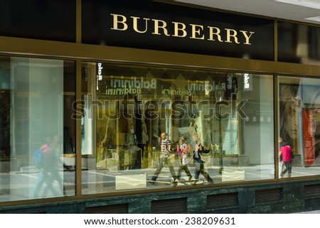 PRAGUE, CZECH REPUBLIC - SEPTEMBER 18, 2014: Burberry store. Burberry is a British luxury fashion house, distributing unique luxury outerwear, fashion accessories, fragrances, sunglasses, cosmetics.