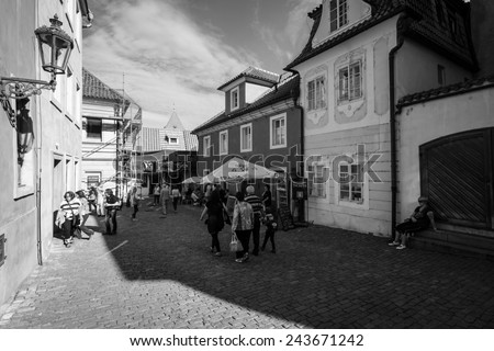 PRAGUE, CZECH REPUBLIC - SEPTEMBER 19, 2014: Street and everyday life of the city. Black and white. Prague is the capital and largest city of the Czech Republic.