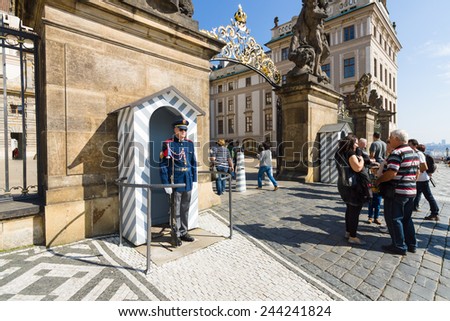 PRAGUE, CZECH REPUBLIC - SEPTEMBER 19, 2014: Soldiers guard of honor around the presidential palace. Prague Castle.