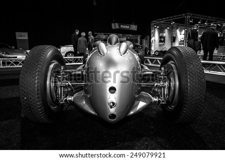 MAASTRICHT, NETHERLANDS - JANUARY 08, 2015: The Grand Prix racing car Auto Union Type A, 1934. Rear view. Black and white. International Exhibition InterClassics & Topmobiel 2015