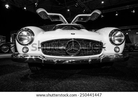 MAASTRICHT, NETHERLANDS - JANUARY 08, 2015: Sports car Mercedes-Benz 300SL (W198). Black and white. International Exhibition InterClassics & Topmobiel 2015