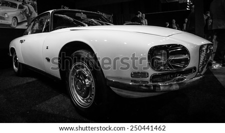 MAASTRICHT, NETHERLANDS - JANUARY 08, 2015: Luxury car Alfa Romeo 2600 Sprint Zagato, 1965. Black and white. International Exhibition InterClassics & Topmobiel 2015