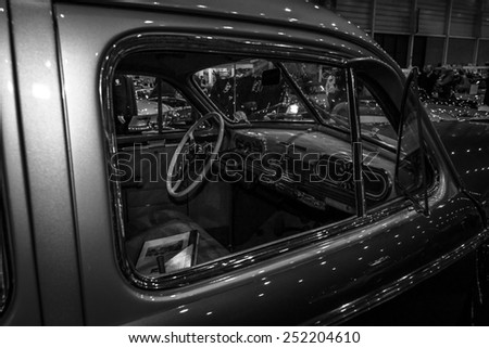 MAASTRICHT, NETHERLANDS - JANUARY 08, 2015: Cabin of a full-size car Oldsmobile 98 De Luxe, 1941. Black and white. International Exhibition InterClassics & Topmobiel 2015