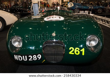 MAASTRICHT, NETHERLANDS - JANUARY 09, 2015: A racing sports car Jaguar C-Type, \