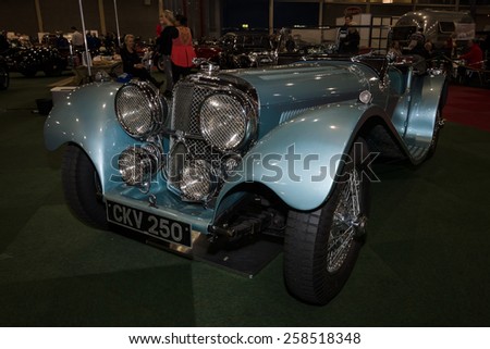 MAASTRICHT, NETHERLANDS - JANUARY 09, 2015: A sports car Jaguar SS100, 3.5, 1937. International Exhibition InterClassics & Topmobiel 2015