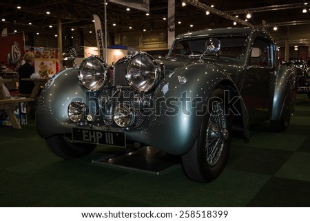 MAASTRICHT, NETHERLANDS - JANUARY 09, 2015: A sports car Jaguar SS100, 3.5 Coupe, 1938 (historical one-off prototype). International Exhibition InterClassics & Topmobiel 2015