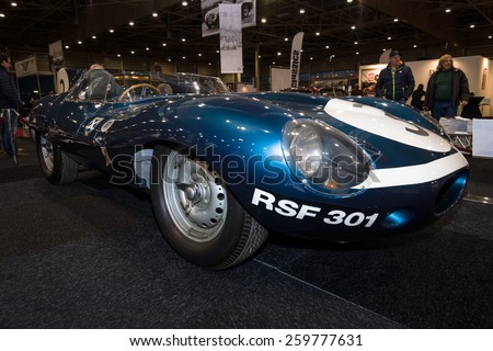 MAASTRICHT, NETHERLANDS - JANUARY 09, 2015: Sports racing car Jaguar D-Type (number of chassis: XKD606, winner of the 1957 Le Mans 24 Hours race), 1956.  Int. Exhibition InterClassics & Topmobiel 2015