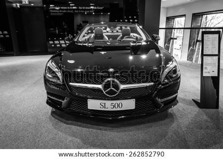 BERLIN - JANUARY 24, 2015: Showroom. Sports car Mercedes-Benz SL500 (R231). Black and white. Produced since 2012.