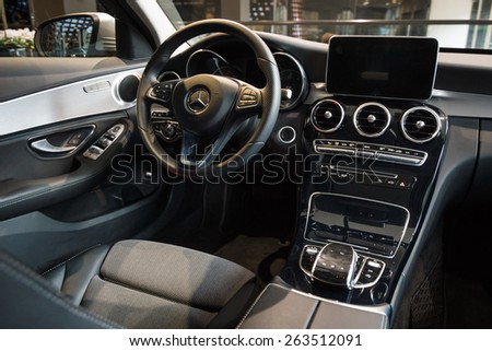 BERLIN - JANUARY 24, 2015: Showroom. Cabin of a compact executive car Mercedes-Benz C220 BT Limousine. Produced since 2014.