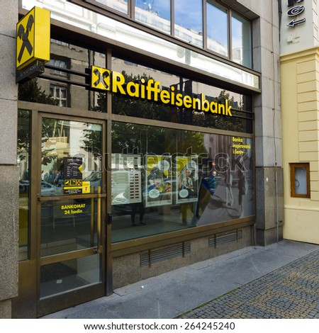 PRAGUE - SEPTEMBER 20, 2014: The branch of Raiffeisen Bank. Raiffeisen Bank - the largest co-operative banks in Europe, has more than 3,000 branches and 58,000 employees