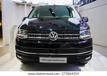 BERLIN - MAY 02, 2015: Showroom. The popular light commercial vehicle Volkswagen Transporter (T5). Produced since 2010.
