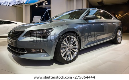 BERLIN - MAY 02, 2015: Showroom. Large family car Skoda Superb (Third generation). Produced since 2015.