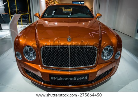 BERLIN - MAY 02, 2015: Showroom. Full-size luxury car Bentley Mulsanne Speed. Produced since 2014.