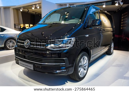 BERLIN - MAY 02, 2015: Showroom. The popular light commercial vehicle Volkswagen Transporter (T5). Produced since 2010.