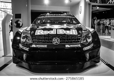 BERLIN - MAY 02, 2015: Showroom. Sports car Volkswagen Polo R WRC. Black and white. Produced since 2015.