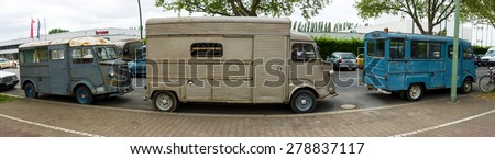 BERLIN - MAY 10, 2015: Three vans Citroen H Van (HY 72). The most popular post-war French model of the van. Years of production: from 1947 to 1981