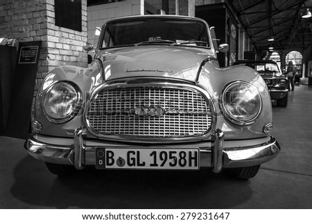 BERLIN - MAY 10, 2015: Vintage car Auto Union 1000. Black and white. The 28th Berlin-Brandenburg Oldtimer Day