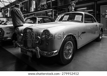 BERLIN - MAY 10, 2015: British sports saloon Alvis TD 21 Mk I, 1960. Black and white. 28th Berlin-Brandenburg Oldtimer Day