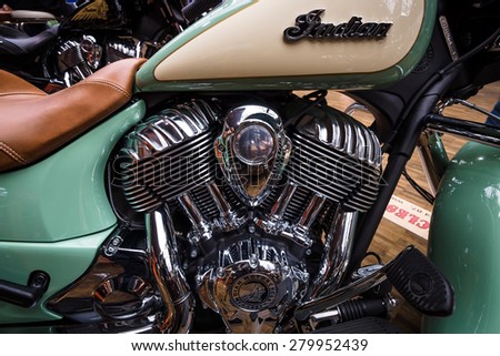BERLIN - MAY 10, 2015: Engine of a bike Indian Chief Classic close-up (2014-present). 28th Berlin-Brandenburg Oldtimer Day