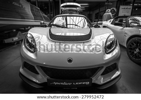 BERLIN - MAY 10, 2015: Sports car Lotus Exige S Coupe. Black and white. 28th Berlin-Brandenburg Oldtimer Day