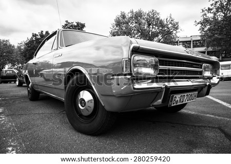 BERLIN - MAY 10, 2015: Large family car Opel Ascona (for the US market Opel 1900). Black and white. 28th Berlin-Brandenburg Oldtimer Day