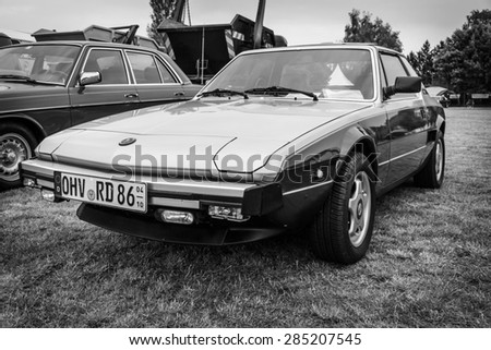 PAAREN IM GLIEN, GERMANY - MAY 23, 2015: Sports car Bertone X1/9 (Fiat X1/9), 1984. Black and white. The oldtimer show in MAFZ.