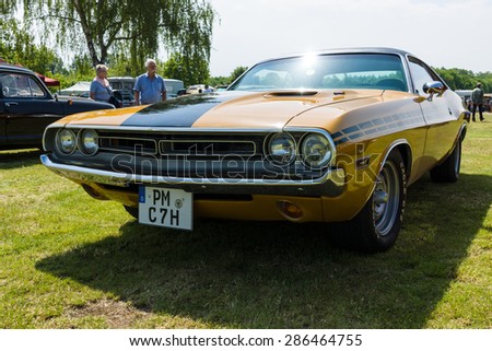 PAAREN IM GLIEN, GERMANY - MAY 23, 2015: Mid-size pony car Dodge Challenger, 1974. The oldtimer show in MAFZ.