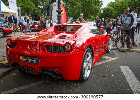 BERLIN - JUNE 14, 2015: Sports car Ferrari 458 Spider (since 2011). Rear view. The Classic Days on Kurfuerstendamm.