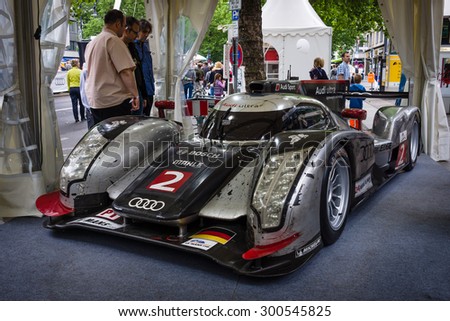 BERLIN - JUNE 14, 2015: Racing car, Le Mans Prototype (LMP), Audi R18 TDI Ultra, 2011. Designer Ulrich Baretzky. The Classic Days on Kurfuerstendamm.