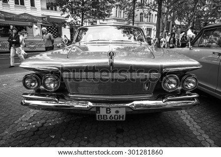 BERLIN - JUNE 14, 2015: Luxury car Imperial Custom 4-door Southampton, 1961. Black white. The Classic Days on Kurfuerstendamm.