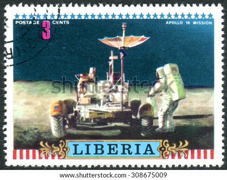 LIBERIA - CIRCA 1972: Postage stamp printed in Liberia, dedicated to Apollo 16 US moon mission, shows Astronaut and Lunar Rover, circa 1972