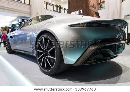 BERLIN - OCTOBER 26, 2015: Grand tourer Aston Martin DB10. Rear view. The exhibition in the trading house KaDeWe as part of a promotional tour of the new film about James Bond \