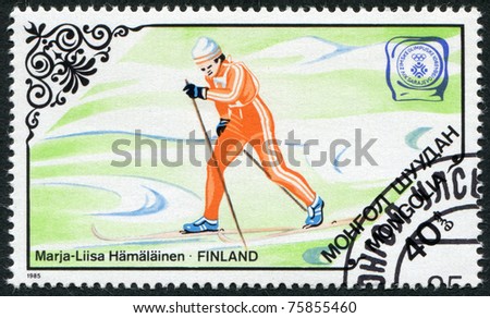 MONGOLIA-CIRCA 1985: A stamp printed in the Mongolia, is devoted to the Winter Olympic Games Sarajevo-1984, Marja-Liisa Kirvesniemi, circa 1985