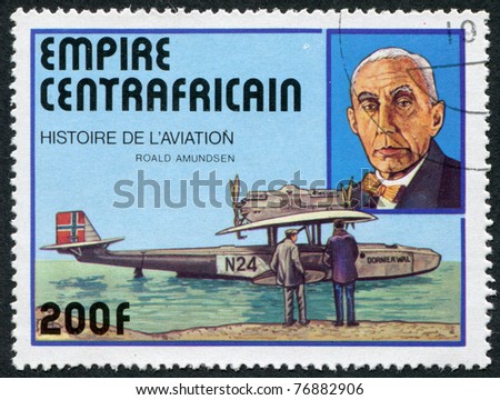 CENTRAL AFRICAN EMPIRE - CIRCA 1977: A stamp printed in the The Central African Empire, is dedicated to Roald Amundsen, shows a flying boat, \