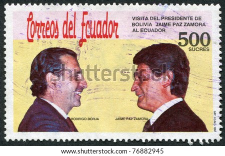 ECUADOR - CIRCA 1991: A stamp printed in the Ecuador, dedicated to the visit of the President of Bolivia, Ecuador, shows presidents Rodrigo Borja and Jaime Paz Zamora, circa 1991