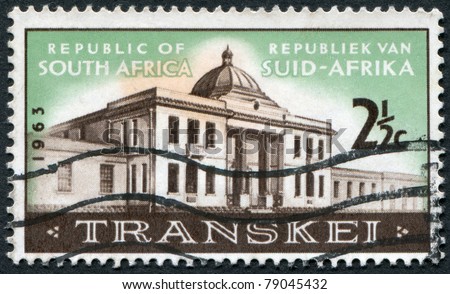 SOUTH AFRICA-CIRCA 1963: A stamp printed in the South Africa, depicts Transkei Legislative Assembly, circa 1963