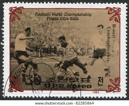 NORTH KOREA - CIRCA 1985: A stamp printed in North Korea, shows the final World Cup 1962, Brazil - Czechoslovakia, circa 1985