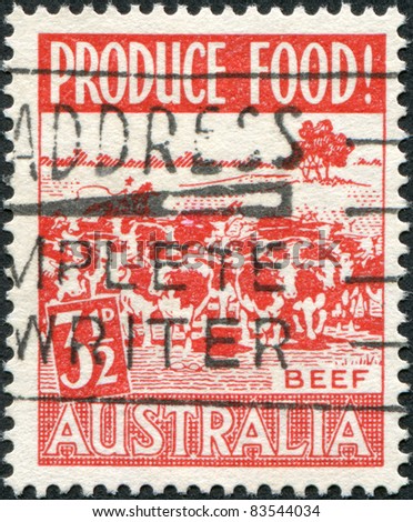 AUSTRALIA - CIRCA 1953: A stamp printed in Australia, is devoted to food production, is depicted Beef, circa 1953