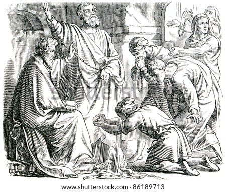 Old engraving. Saint Peter and Saint Paul in Mamertine Prison. The book \