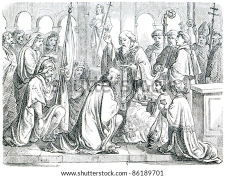 Old engraving. Saint Remigius baptizes Clovis I. The book \