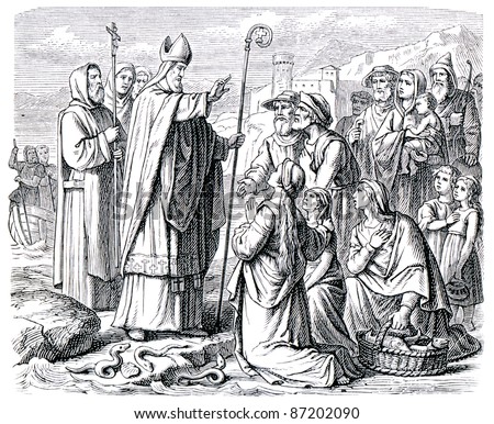 Old engravings. Depicts Saint Patrick, the patron of Ireland and Nigeria. The book \