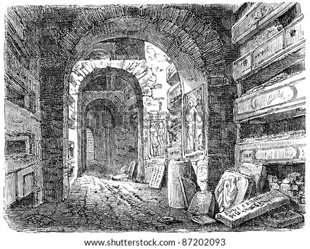 Old engravings. Shows the Catacombs of Rome. The book 