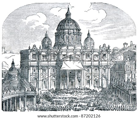 Old engravings. Shows the Papal Basilica of Saint Peter. The book \