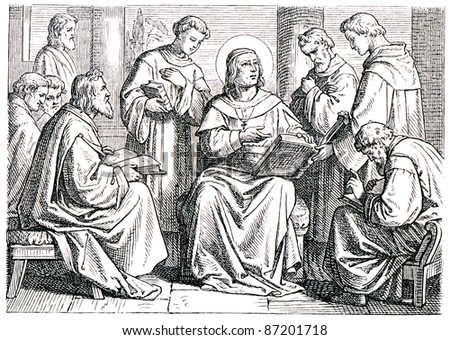 Old engravings. Depicts Augustine of Hippo, church school. The book \