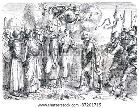 Old engravings. Depicts The Meeting between Leo the Great and Attila. The book \