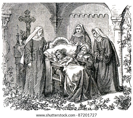 Old engravings. Depicts a nun caring for sick girl. The book \